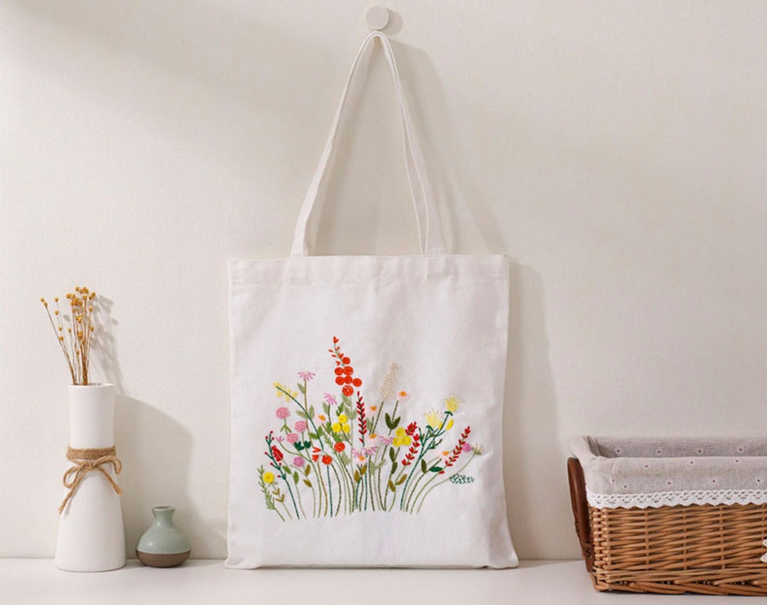 Wildflower Embroidery Canvas Bag Kit for Beginners, Flowers Floral
