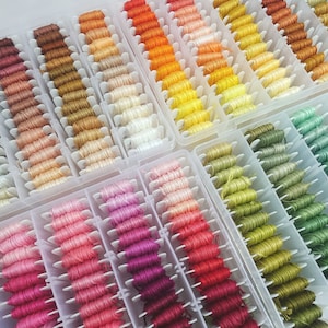 May include: A close-up of a collection of embroidery floss spools organized in a clear plastic storage box. The spools are arranged in rows by color, with shades of brown, orange, yellow, green, pink, and purple.