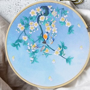 May include: Embroidered hoop art featuring a blue sky with white blossoms and two blue birds on a branch.