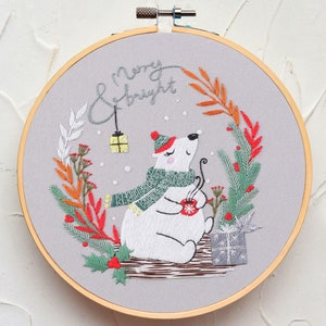 Christmas Gifts,Christmas Polar Bear Embroidery Kit for Beginners,Merry Bright,Xmas Embroidery Hoop Decorations,Holiday Ornaments-8in