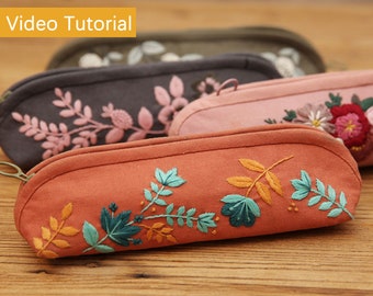 Beginner Hand Embroidery Pencil Case with Embroidery Flower Kit, Sew Stationery Organizer, Embroidery Pencilbag, Starter Embroidery Project