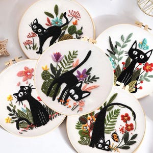 Cat & Flowers Embroidery Kit: Beginner Stamped Stitch Pattern - 8in