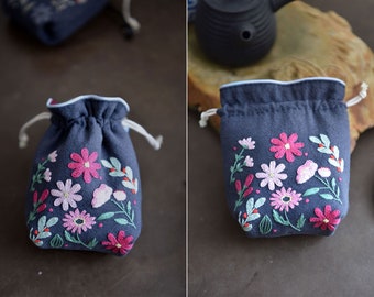 Original Handmade Small Pink Flower Embroidered Drawstring Storage