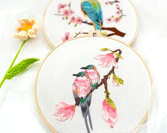 Birds and Flowers Stamped Embroidery Kit, Beginners Hand Embroidery Set with English Instructions, Full Needlepoint Hoop Kit for Adults-8in