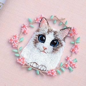 Patches, Cat and Flower Embroidery Patches, Iron on Patches, Embroidered Patches,