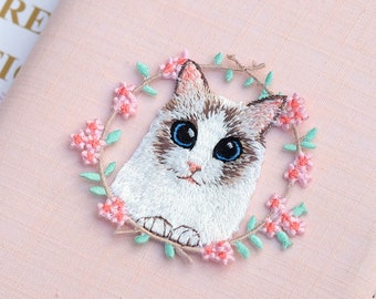 Patches, Cat and Flower Embroidery Patches, Iron on Patches, Embroidered Patches,