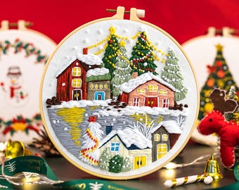 Christmas Embroidery Kit for Beginners: Winter Snow Scene Hoop Art-8in