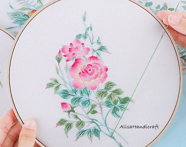Hand Embroidery Rose Kit DIY Embroidered Flower Pattern Etsy
