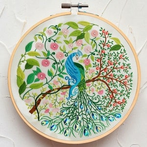 Beginner Embroidery Kit, Spring Flowers and Peacocks Embroidery Pattern, Modern Hand Embroidery Kit, Adults DIY Craft Kit-12in/32cm