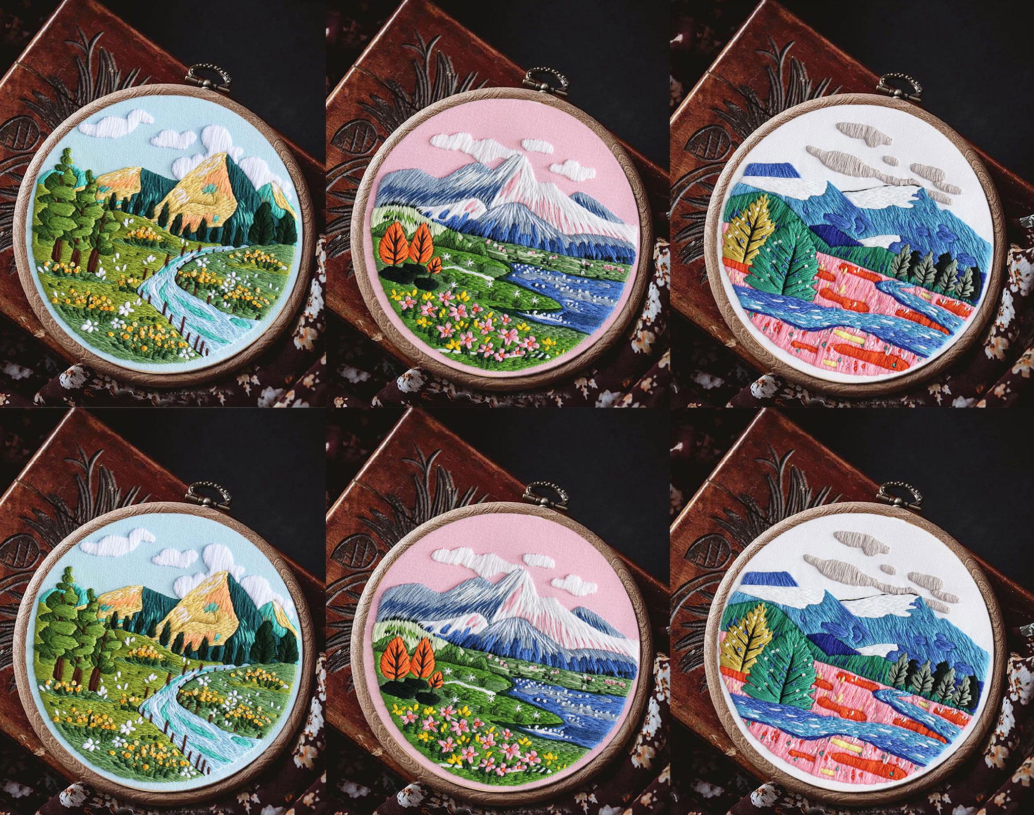自然の風景の手刺繍プロジェクト、山、川、木、草原の刺繍パターン