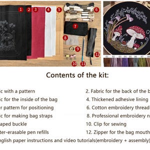 May include: An embroidery kit containing black fabric with a mushroom pattern, red and white fabric, cotton thread, a black zipper, a D-shaped buckle, sewing clips, and a water-erasable pen. Includes a finished embroidery example with mushrooms.