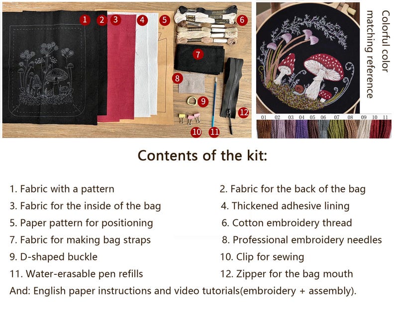 May include: An embroidery kit containing black fabric with a mushroom pattern, red and white fabric, cotton thread, a black zipper, a D-shaped buckle, sewing clips, and a water-erasable pen. Includes a finished embroidery example with mushrooms.
