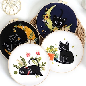 Cute Black Cat And Plant Embroidery Kit,Beginner Animal Botanical Embroidery Pattern,Funny Cat And Moon Starter Embroidery Printed Kit-8in