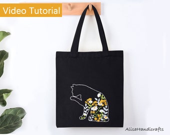 Cat and Flowers Hand Embroidery Kit for Beginners,DIY Craft Kit for Adults,Botanical Embroidery Canvas Tote Shoulder Bag Kit