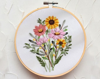 Gerbera Daisy Flower Embroidery Kit/Hand Embroidery Kit/Modern Floral Pattern/Adult Craft Kit/Party Birthday Gift/Needlework Hoop Art-8in