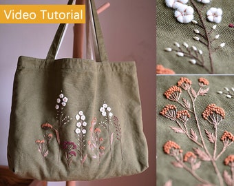 Hand Flower Embroidery Bag Kit, Oversized Army Green Women's Shoulder Bag with 3d Embroidery Pattern, Autumn Cotton Stems Tote Bag-34x51cm