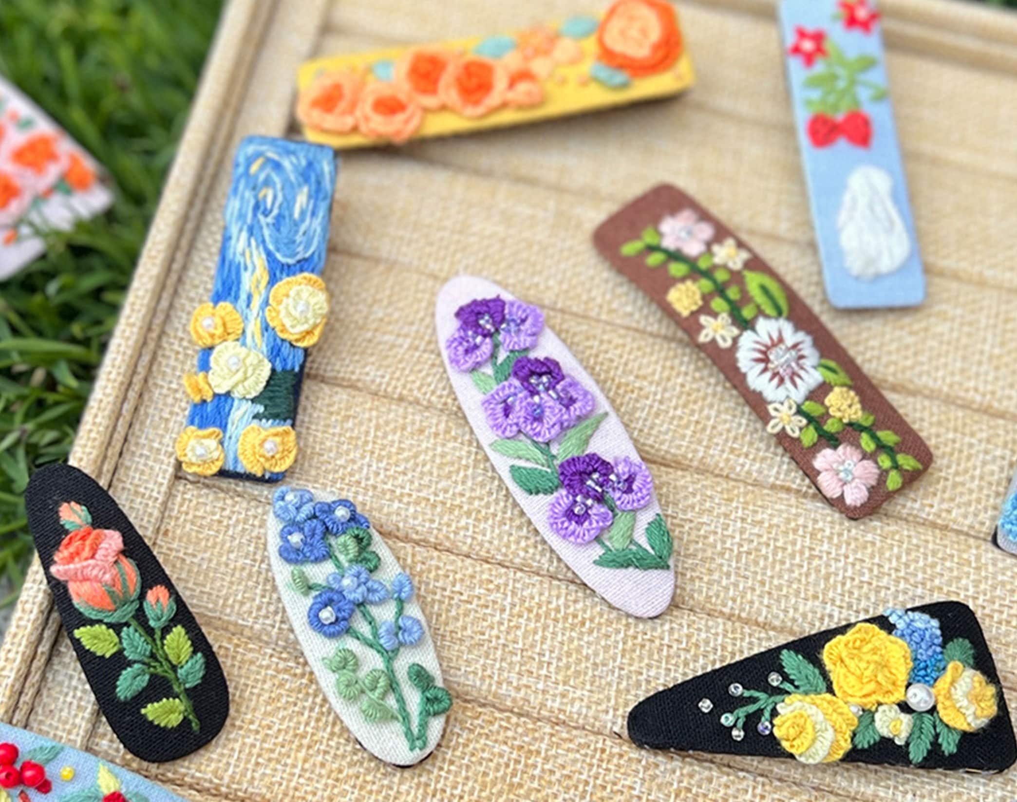Floral Embroidery Hair Clip Kit,Hand Embroidery Flower Complete Starter Kit Beginner,Modern Stitch DIY Kit Gift,Girl Snap Clip,Gift for Her