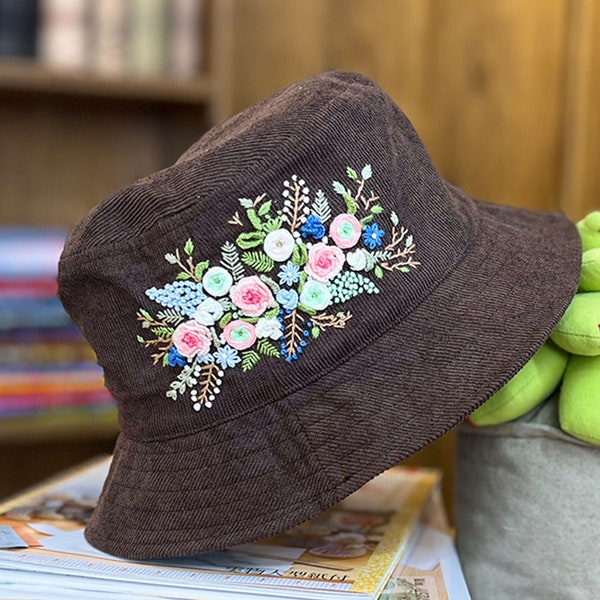 Hat Embroidery Kit with Flower Pattern, 3d Rose Mushrooms Birds Hand Embroidery Kit,Plant Embroidery Starter Full Kit,DIY Sun Bucket Hat Kit