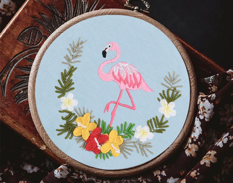 Pink Flamingo Starter Embroidery Kit, Preprinted Birds and Flowers Embroidery Kit for Beginners, with Pattern and English Instructions-8in image 8