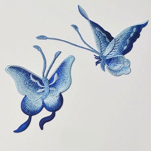 2pcs Butterfly Sew on Patches, Chinese Embroidered Sew Applique Repair Patch, Blue Yellow Grey Butterfly Patches, Insect patch