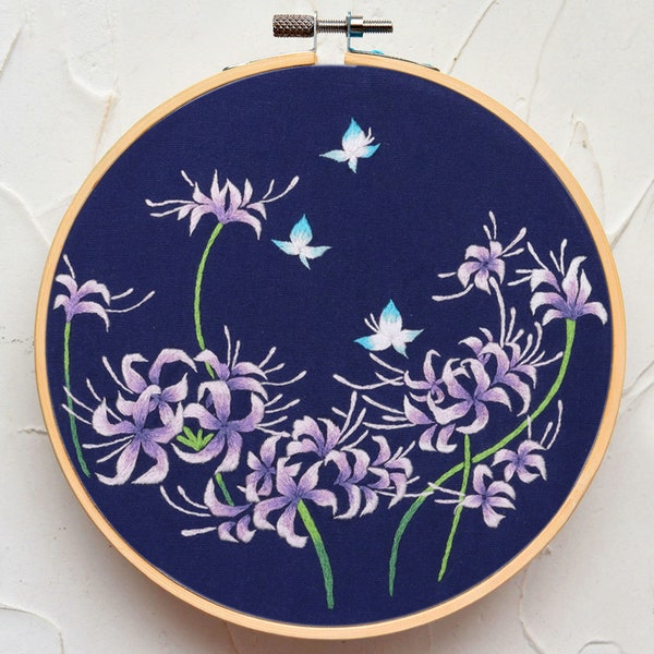 Hand Embroidery Spider Lily Kit, Purple Flowers Butterflies Embroidery Pattern, Floral Embroidery Kit, Flower Bush, DIY Adult Craft Kit-8in