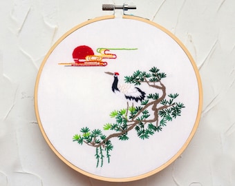 Beginner Embroidery Kit, Chinese Embroidery Pattern, Pine trees, Cranes, Sunrise, Bird, Embroidery Landscape Kit, Adults DIY Craft Kit-8in