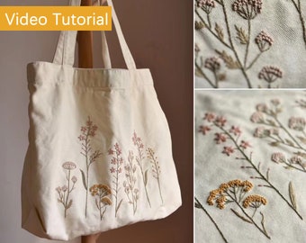 Kit de broderie de grande capacité, sac à bandoulière en toile blanc cassé pour femme, kit de broderie de fleurs à la main pour débutant avec tutoriel vidéo - 34 x 51 cm