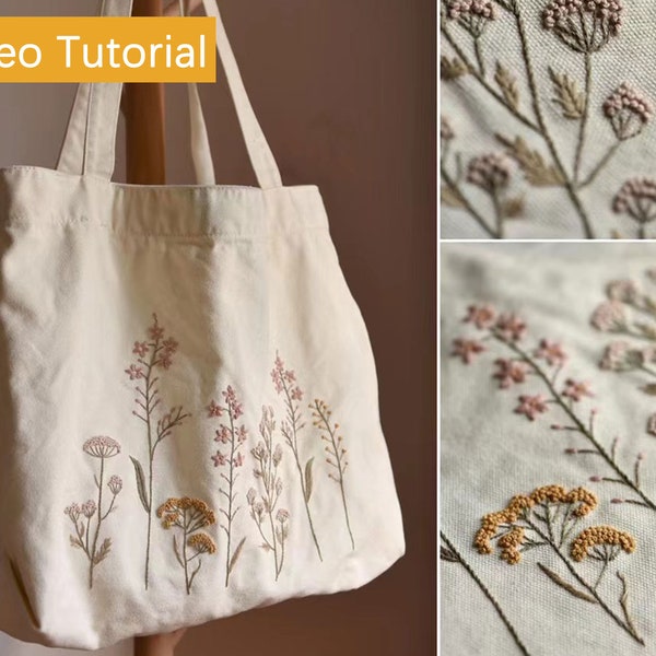 Kit de broderie de grande capacité, sac à bandoulière en toile blanc cassé pour femme, kit de broderie de fleurs à la main pour débutant avec tutoriel vidéo - 34 x 51 cm