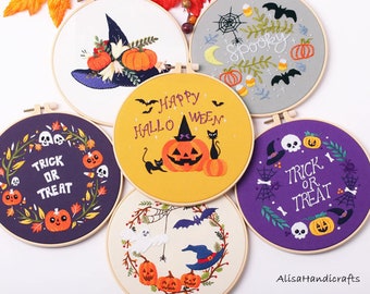 Embroidery Halloween Decorations Kit, Diy Halloween Ornaments, Hand Embroidery Pumpkin, Skull, Bat, Spider Weband Witch Hat Pattern-8in