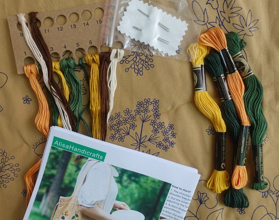 フラワートートハンド刺繍キット、カーキハンドバッグ