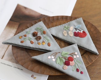 DIY Bookmark Making Kit,Persimmon/Pinecone/Raspberry Natural Fruit Hand Embroidery Kit for Beginners,Sew Triangle Page Corner Bookmarks