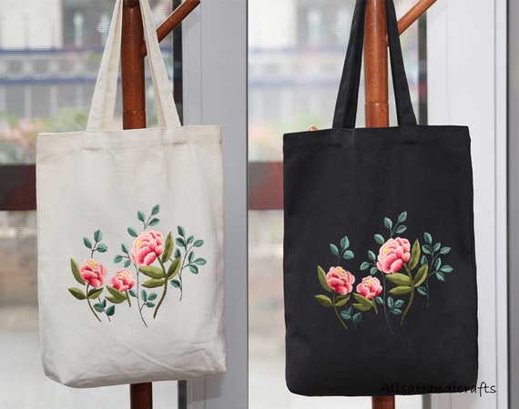 Hand Embroidery Rose Shoulder Bag Canvas Tote Bag With 