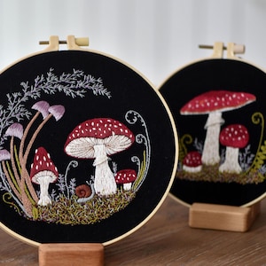 Mushroom Embroidery Kit,Forest Fern Plant Red Tiny Mushroom Pattern,Diy Needlecraft Hand Embroidery Kit for Adult with Video Tutorial