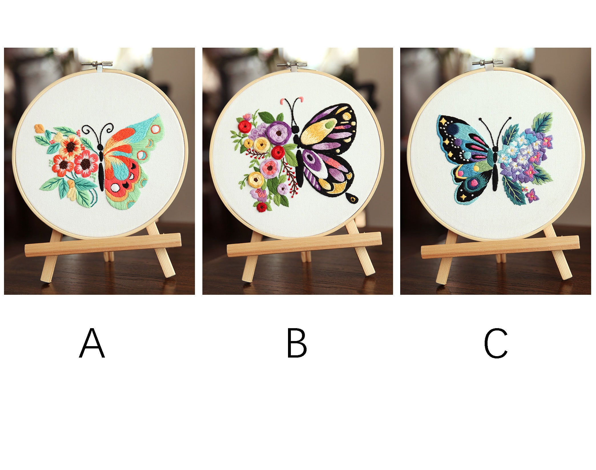 花と蝶の刺繍アート カラフルな蝶と花の刺繍キット/春の手刺繍パターン/バラの
