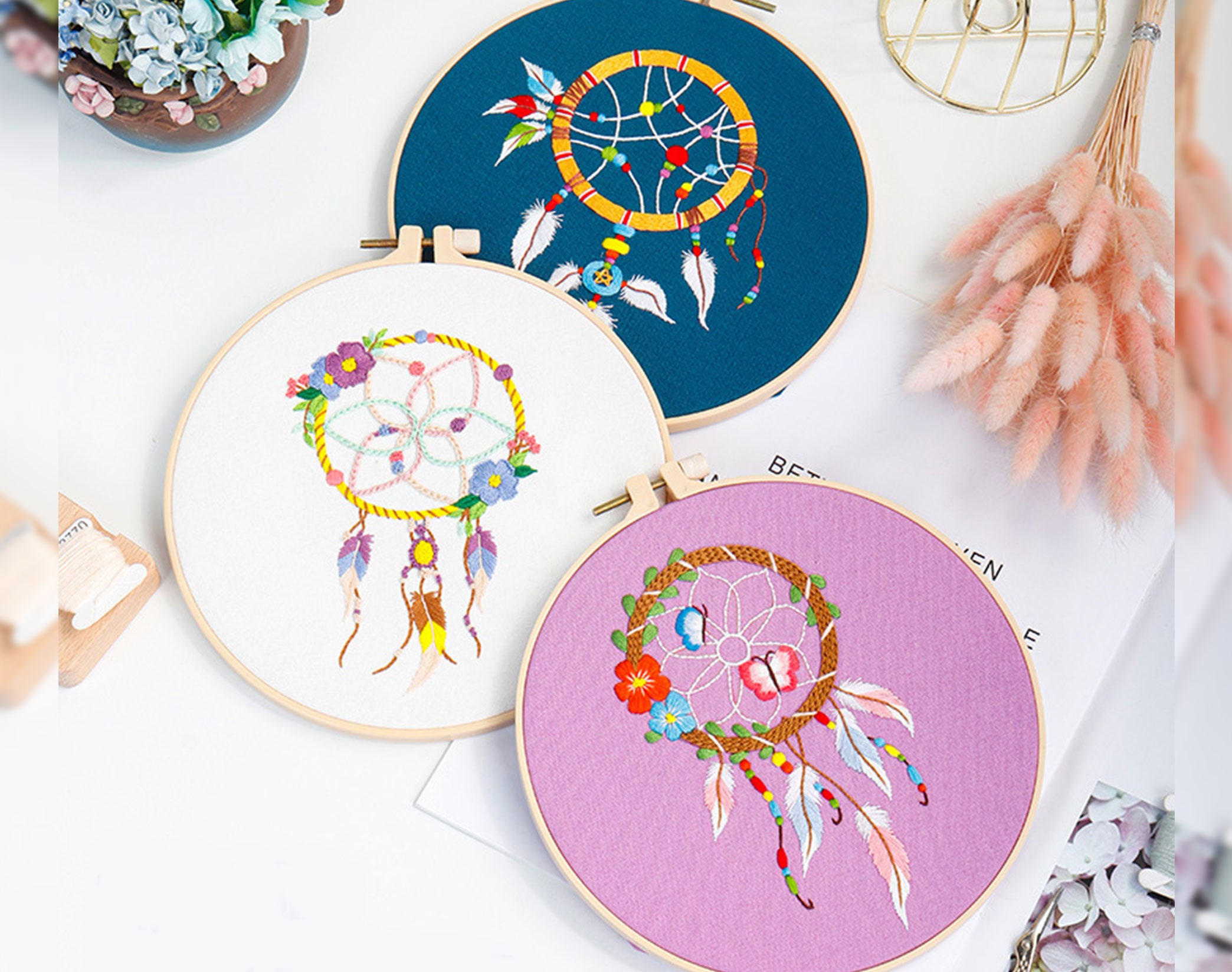 初心者向けドリームキャッチャー刺繍キット、DIY手刺繍子供部屋装飾