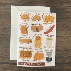May include: A colourful illustration of different UK chippy traditions, with each region's specialty listed.  The illustration includes a barm ped wet from Wigan, a pizza crunch from Glasgow, salt and pepper chips from Liverpool, orange chips from the Midlands, rag pudding from Oldham, a pastie supper from Scotland, a savaloy from Essex, mint sauce and mushy peas from Nottingham, cheese, chips and curry sauce from Cardiff, scraps from Belfast, and chip spice from Hull.