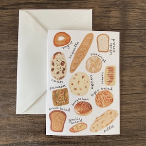 May include: A white card with illustrations of different types of bread, including a baguette, naan, focaccia, brown bread, garlic bread, pita, a burger bun, a tortilla, sourdough, panini, tiger bread, and white bread. Each bread is labelled with its name.