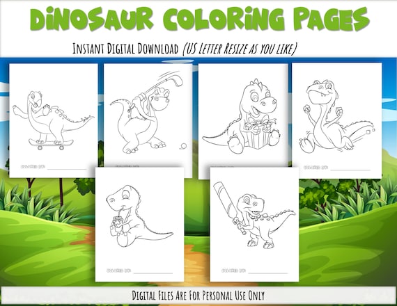 Dinosaur Coloring Page Set Downloadable PDF file 6 Pages 8.5
