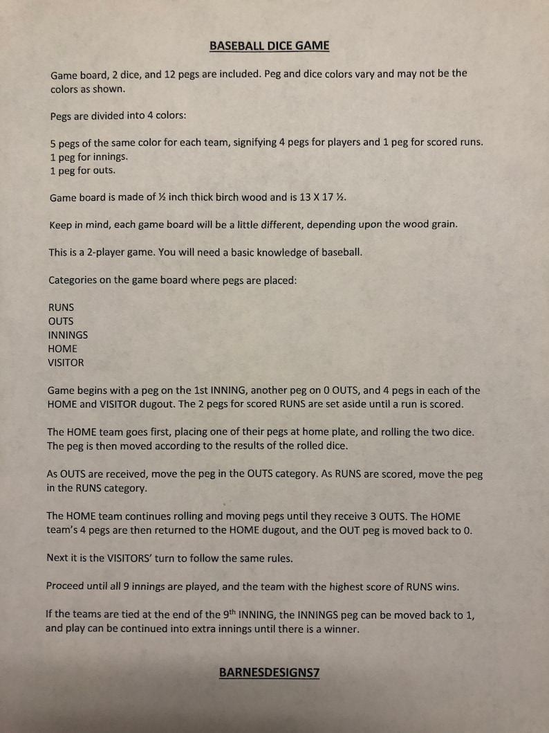 Wooden BASEBALL Dice Board Game Handcrafted Includes Baseball Gameboard