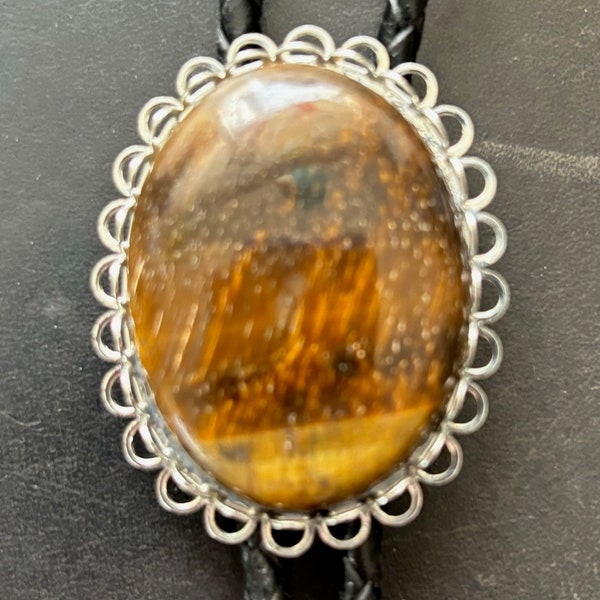 Tiger Eye Gemstone,  35x45mm Oval Bolo, with Silver Alloy Setting and  Tips, Braided Leather, Bolo#67