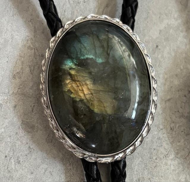 Labradorite, Six Different Bolos with Silver Alloy Setting and Cord Tips. Choice of Tan, Black, or Brown Braided Leather Cord, Bolos 72