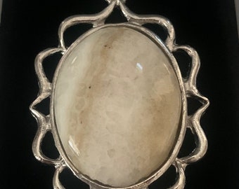 Alabaster, Oval Pendant in Silver Alloy Setting and Necklace, Item 1440
