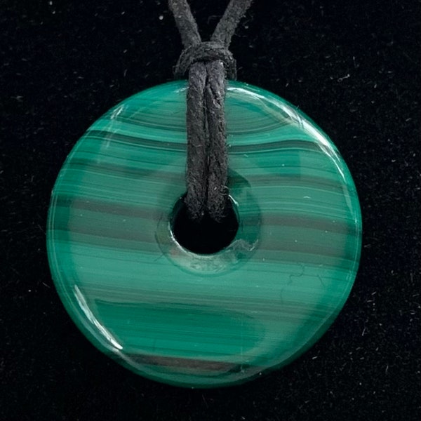 Malachite, Round Pendant, with Black Hemp Cord Necklace. Item 1293