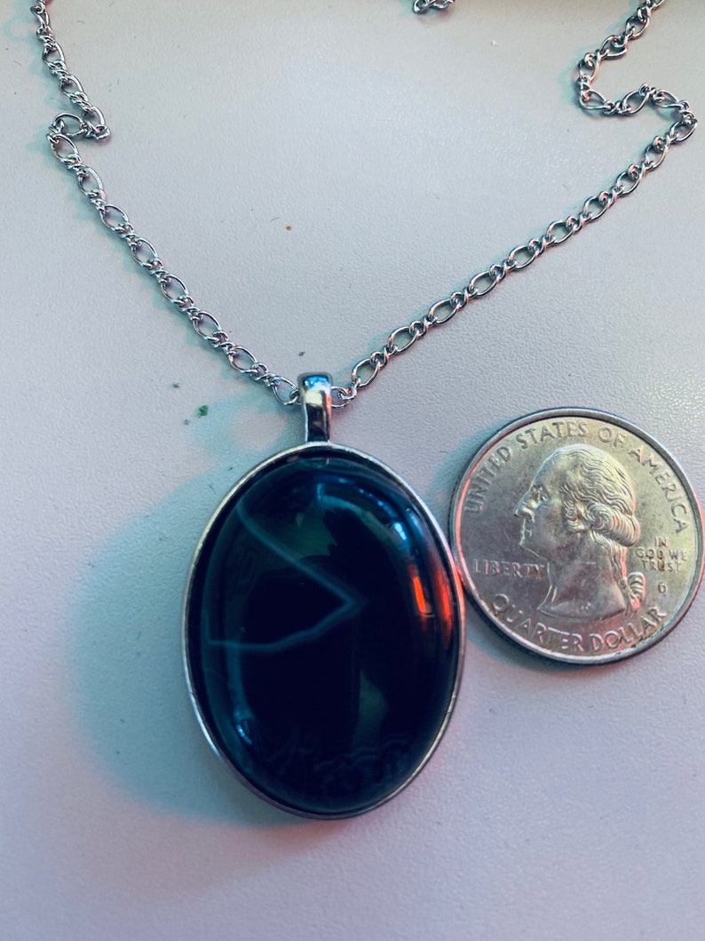 Item 344 Black Banded Agate Oval Pendant with Silver Alloy Setting and Necklace