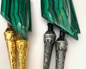 Malachite, Nevada Shaped Bolos with Silver or Gold Alloy Tips, Braided Leather, Choose from Bolo 32 or 33