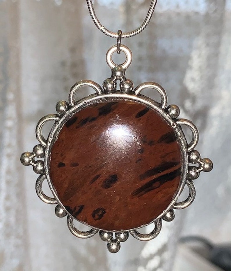 Item 633 Mahogany Obsidian Round Pendant with Silver Alloy Necklace and Setting