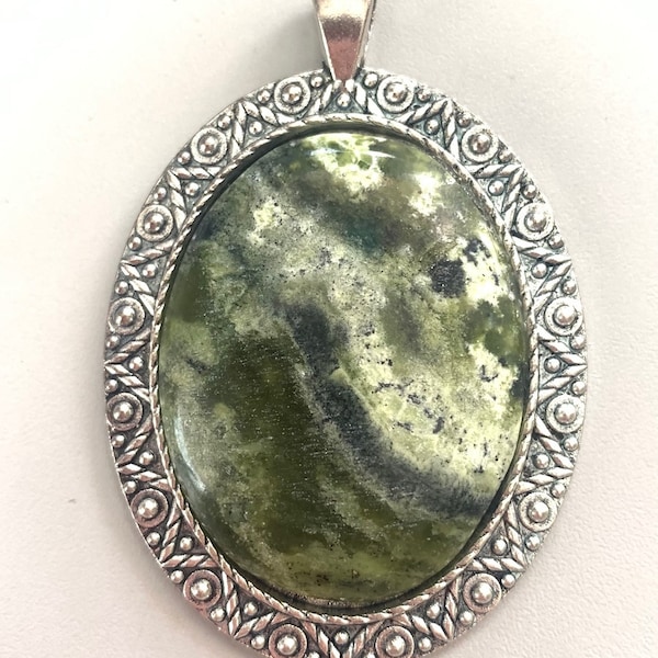 Vesuvianite Oval Pendant in Silver Alloy Setting and Necklace, item 1003