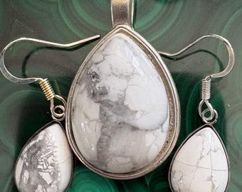 White Buffalo Turquoise, Fancy Teardrop Pendant, Earrings, or Pendant/Earrings Set, with Silver Alloy Setting and  Necklace. Item 2307