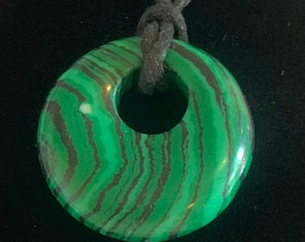 Malachite, Round Pendant, with Black Hemp Cord Necklace. Item 1637