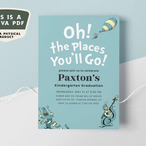 Bearbeitbare Kindergarten Abschluss Einladung - Oh die Orte, an die du Dr. Seuss Theme gehen wirst - Instant Download Canva Template